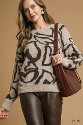 Umgee Heart Print Crew Neck Sweater LATTE OutfitFlow